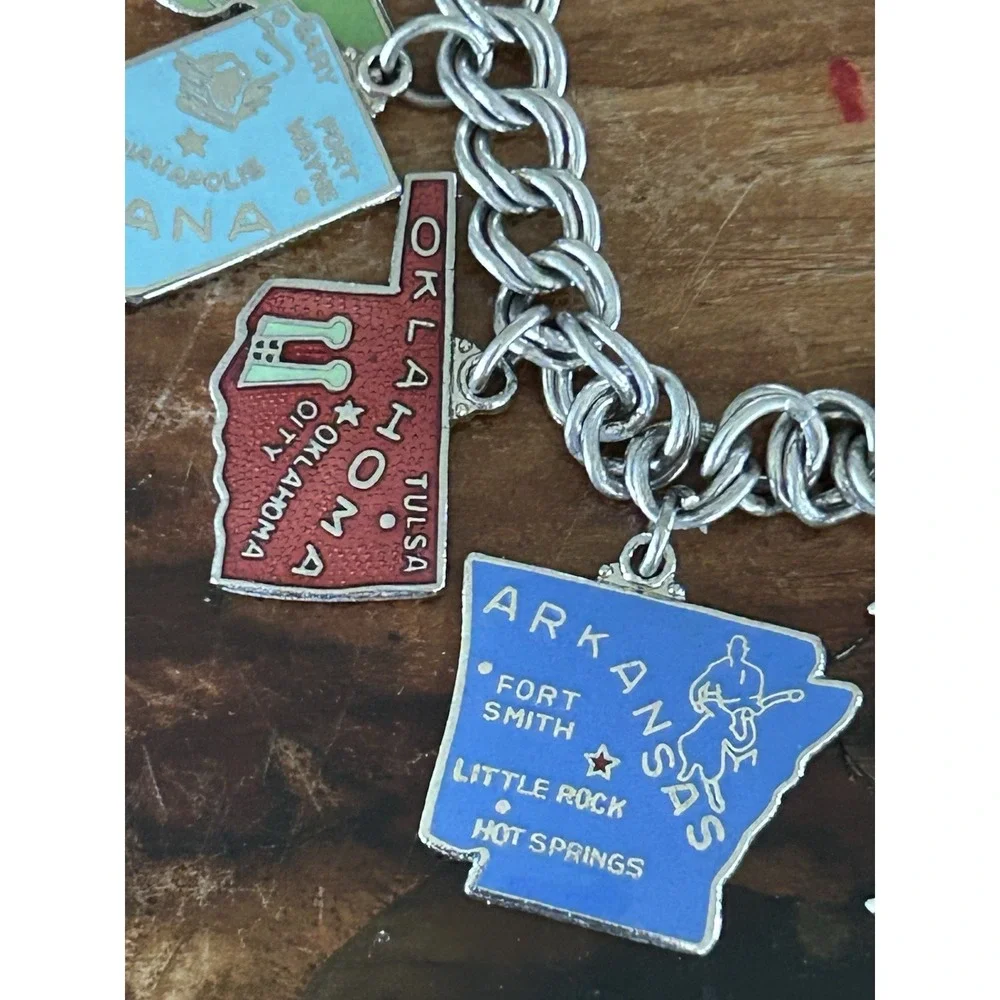 Vintage Sterling And Enamel USA States Charms Double Curb Bracelet Small